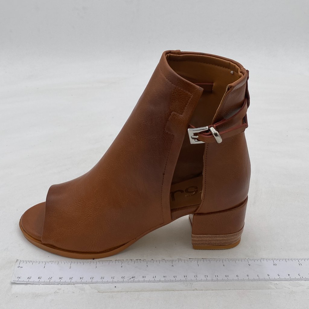 Fsj Brown Peep Open Toe Sandals Boot Cut Out Buckle Block Low Heel Ankle Bootie